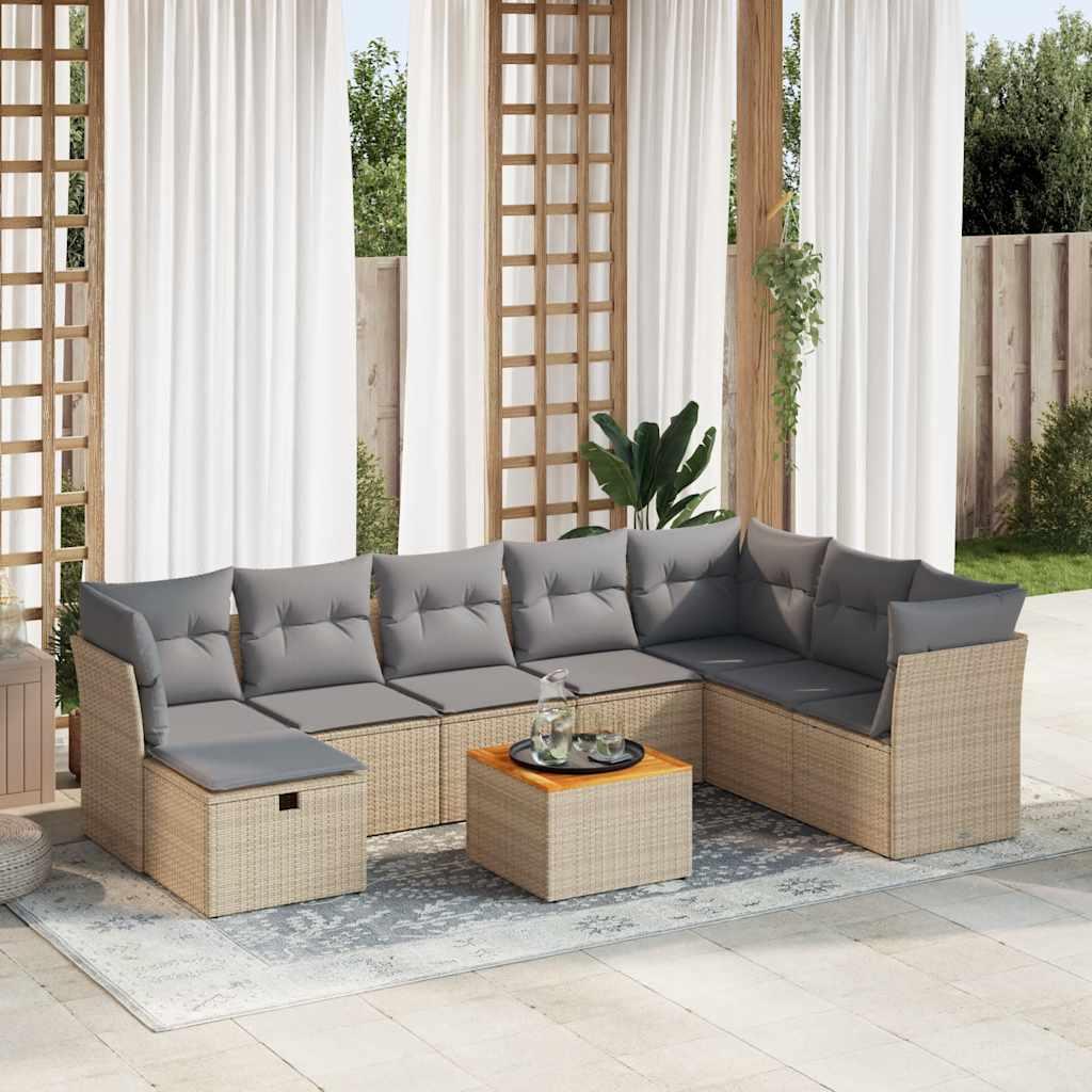 Havesofasæt 9 dele med hynder i polyrattan - beige