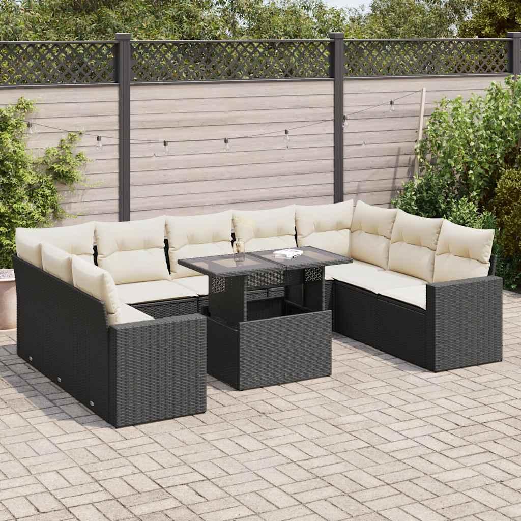 Sofasæt Til Haven 10 Dele Med Hynder Polyrattan Sort - Sort og cremefarvet / med opbevaring
