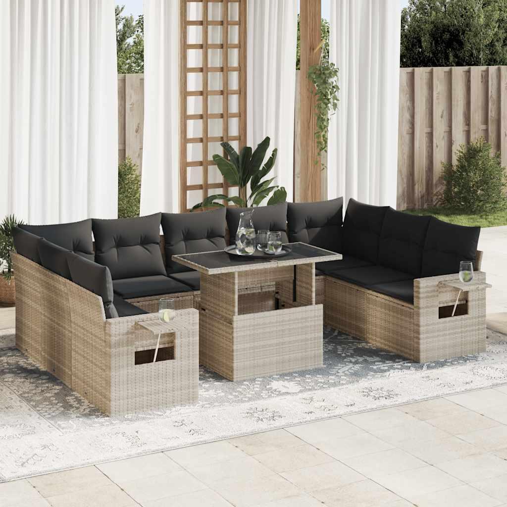 Havesofasæt i polyrattan - 10 dele med hynder, lysegrå