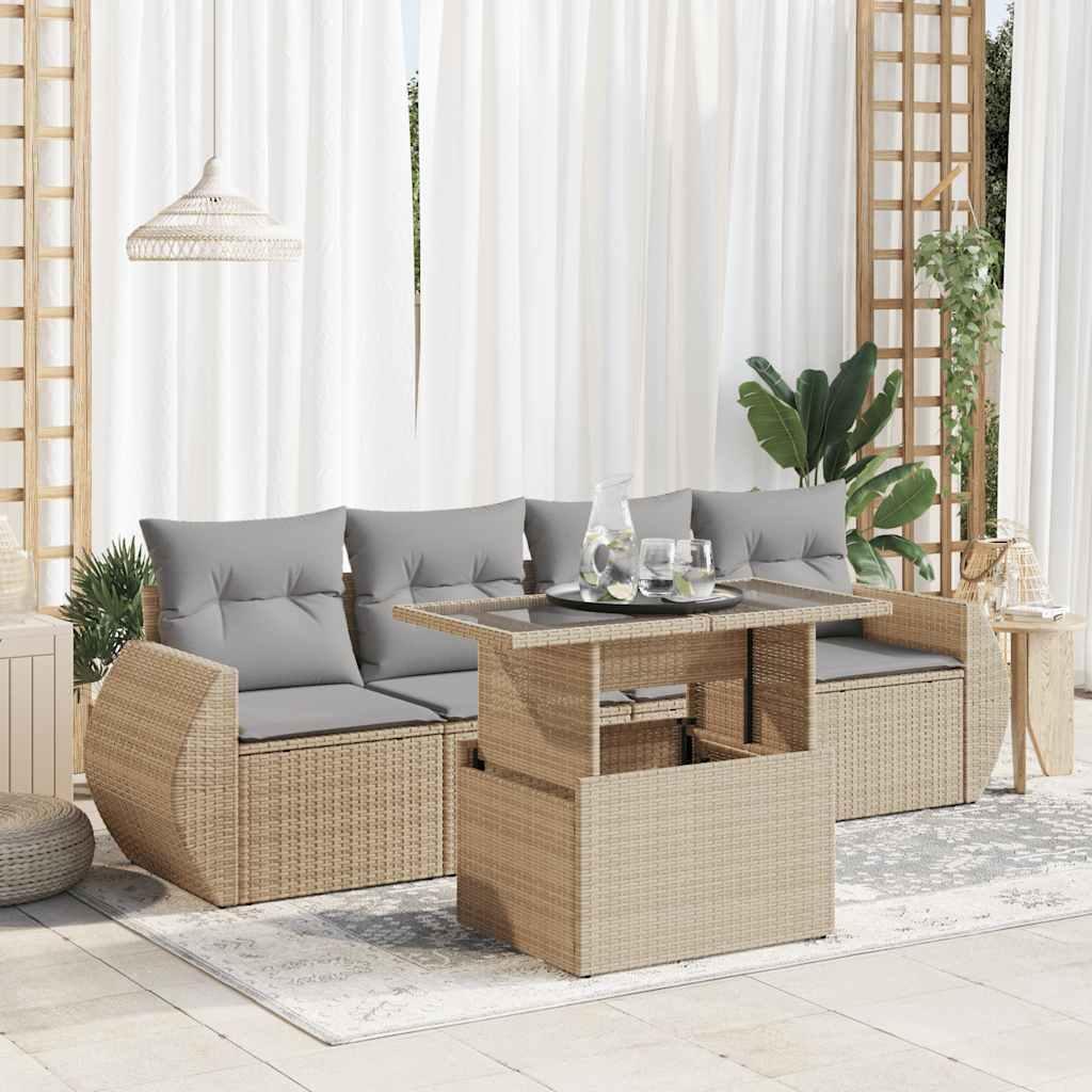 Sofasæt Til Haven 5 Dele Med Hynder Polyrattan - beige og grå / med opbevaring