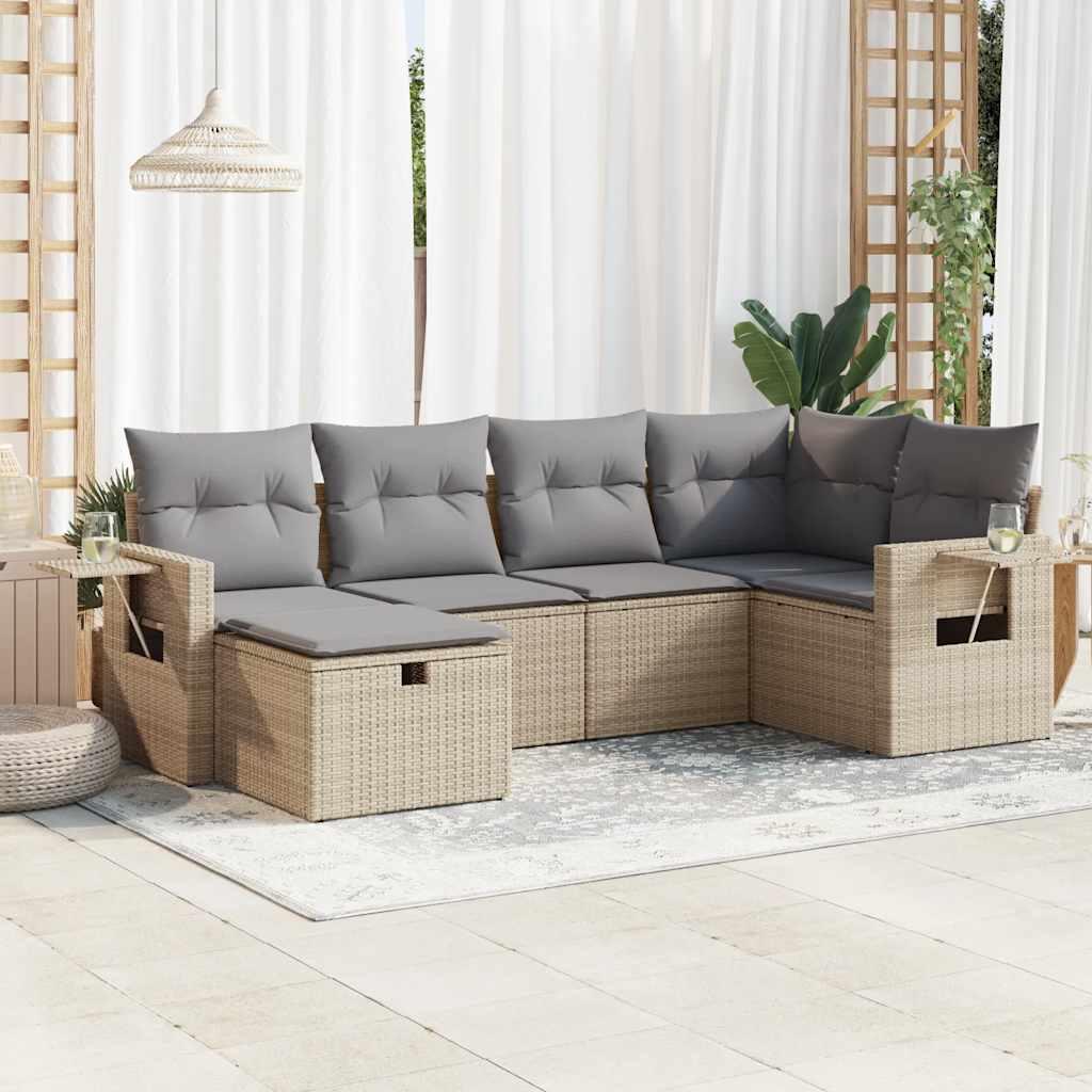 Havesofasæt i polyrattan 6 dele med hynder og opbevaring - beige