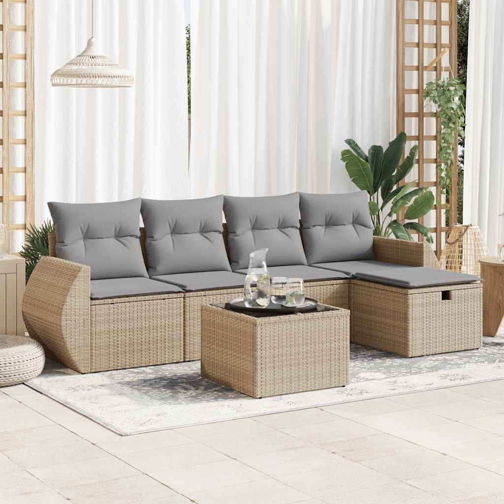 Havesofasæt i polyrattan 6 dele med hynder og opbevaring - beige/lysegrå