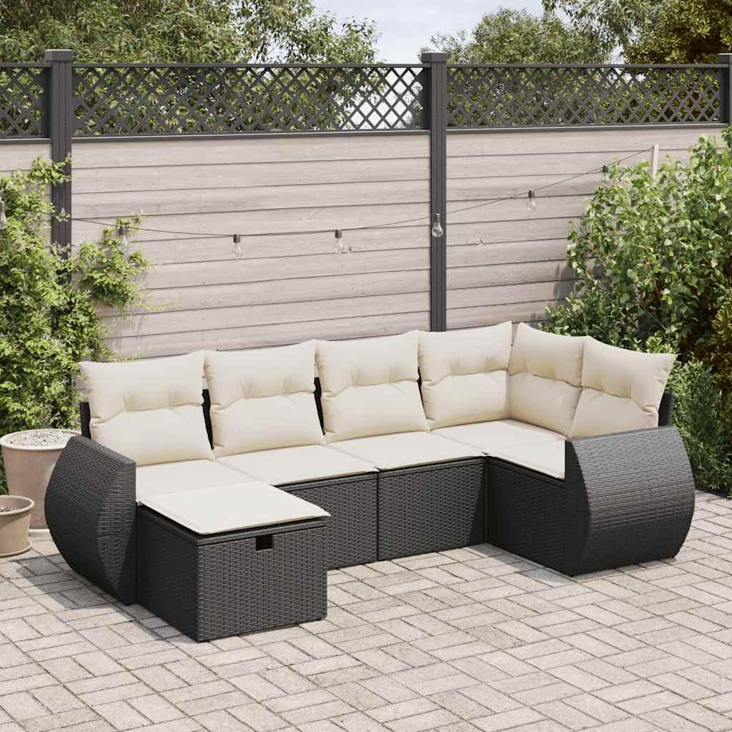 Havesofasæt i polyrattan - 6 dele med hynder, sort/creme