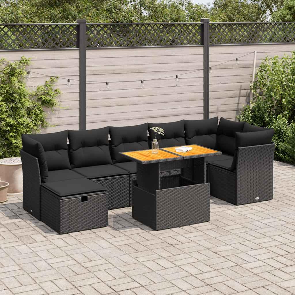 Sofasæt Til Haven 8 Dele Med Hynder Polyrattan Sort - Sort / bord 3x hjørnedel 3x midterdel fodskammel