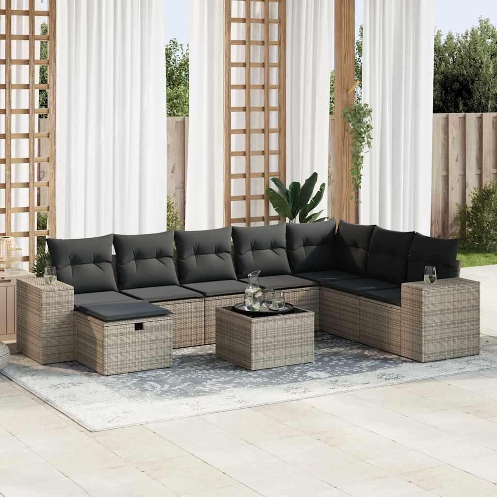 vidaXL sofasæt til haven 9 dele med hynder polyrattan grå