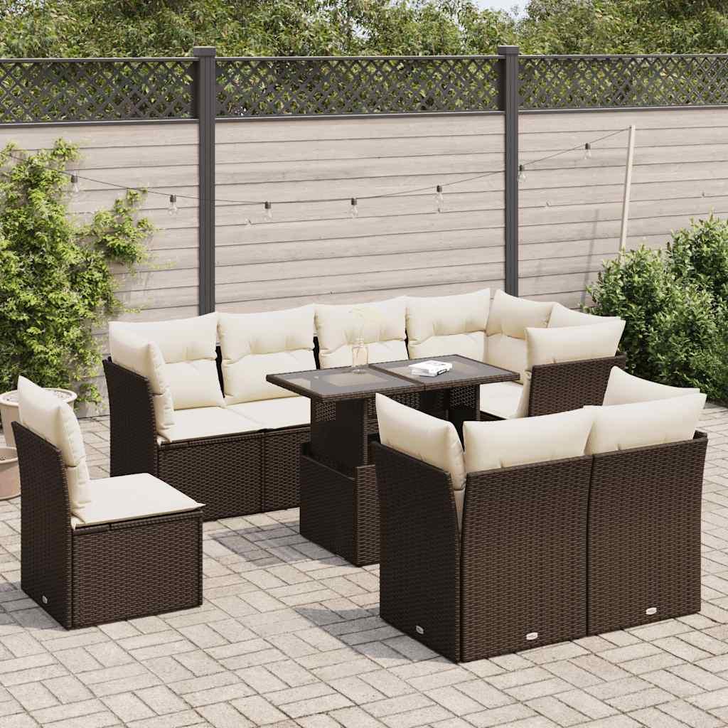 Sofasæt Til Haven 9 Dele Med Hynder Polyrattan - Brun og cremefarvet / med opbevaring