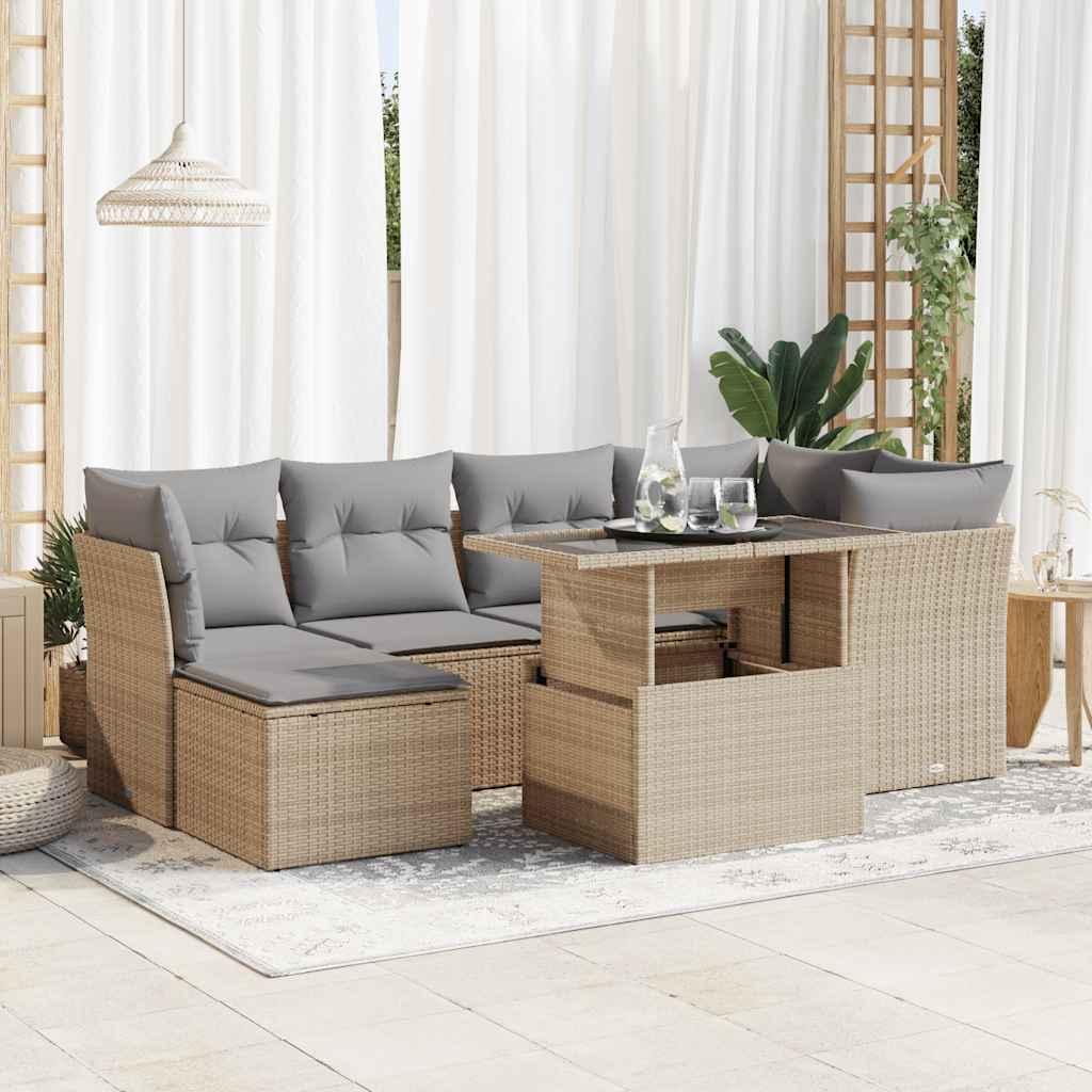 Sofasæt til haven i polyrattan - 7 dele med hynder, beige/lysegrå