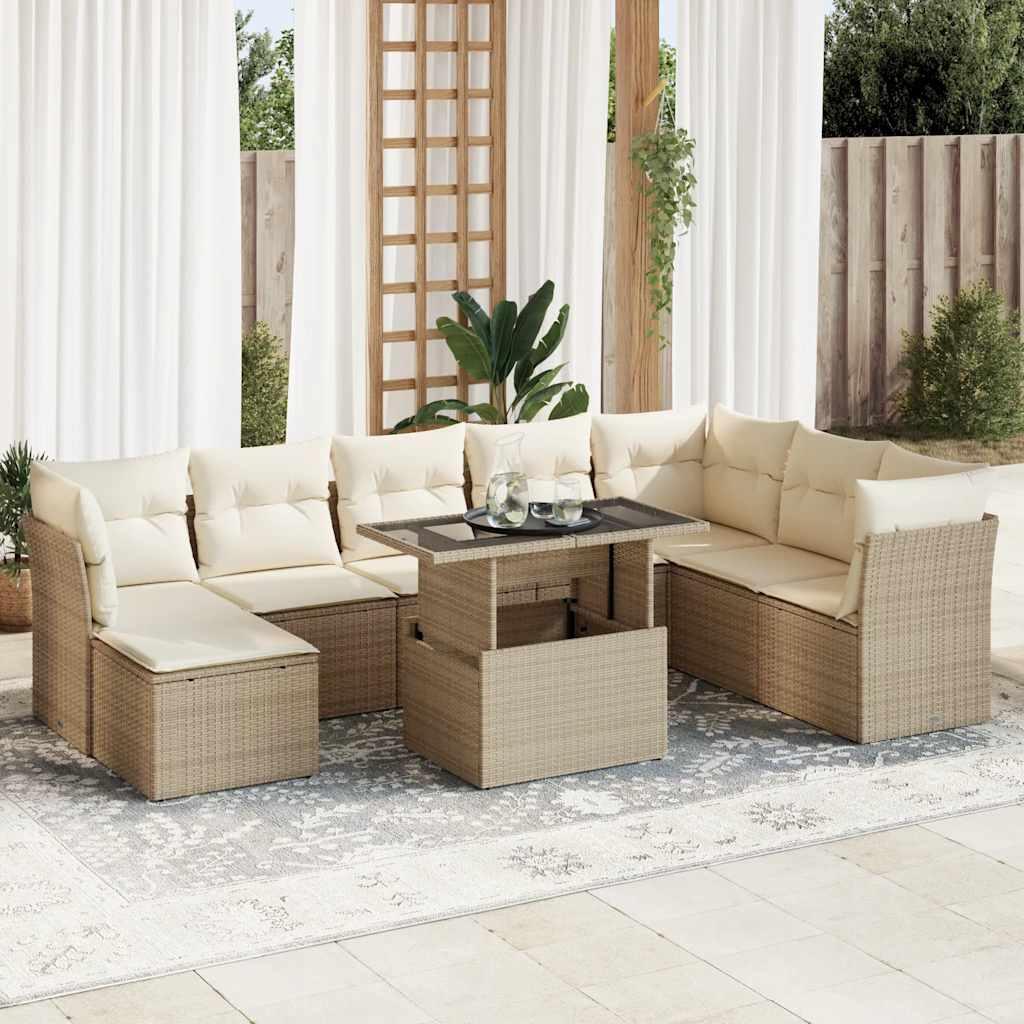 Sofasæt Til Haven 9 Dele Med Hynder Polyrattan Sort - beige og cremefarvet / med opbevaring
