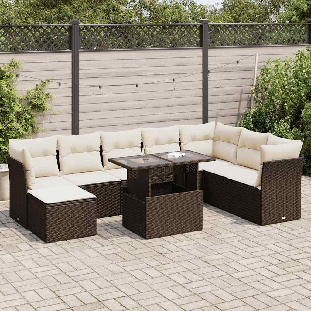 Sofasæt Til Haven 9 Dele Med Hynder Polyrattan Sort - Brun og cremefarvet / med opbevaring