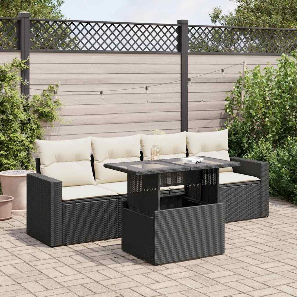 Sofasæt Til Haven 5 Dele Med Hynder Polyrattan - Sort og cremefarvet / med opbevaring