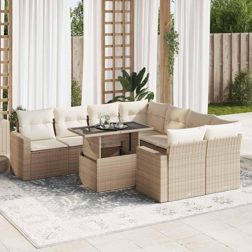 Sofast til haven i polyrattan, 9 dele med hynder - beige