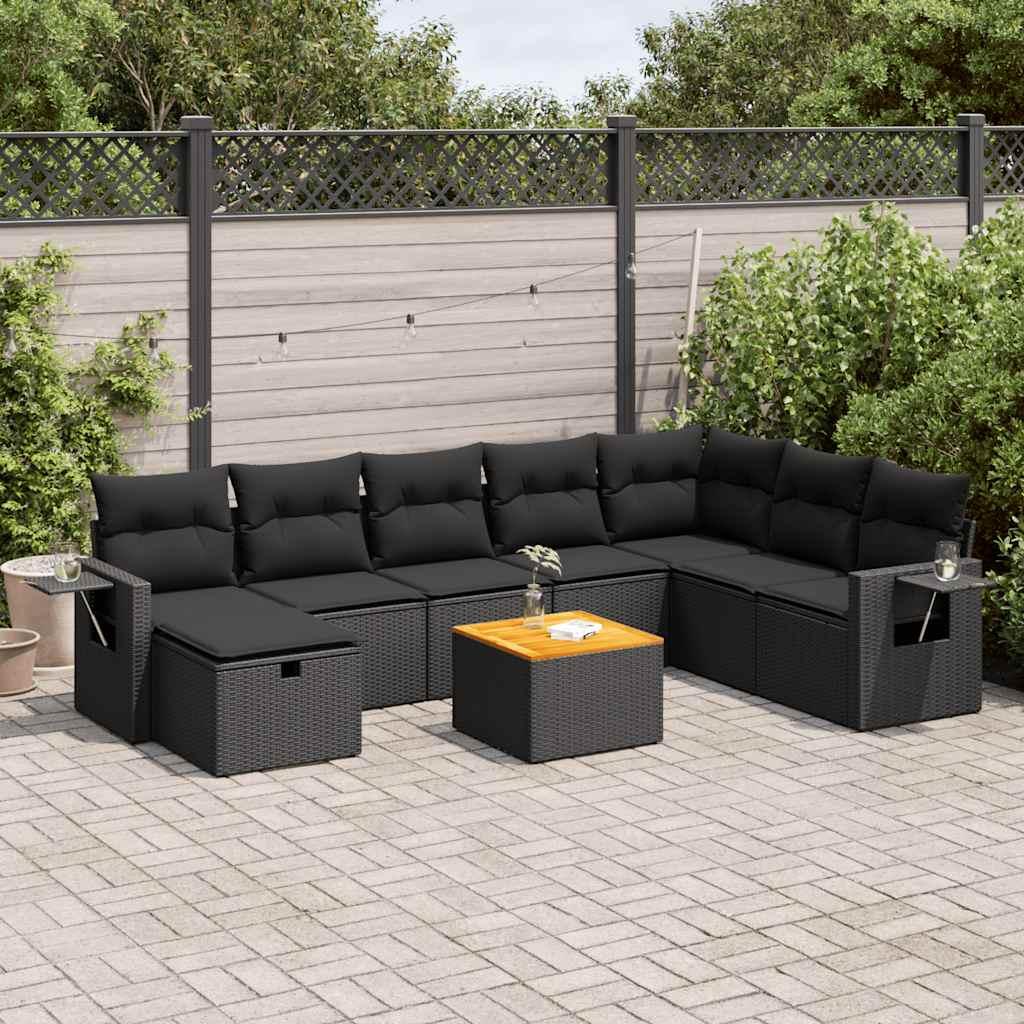 Spisebordssæt Til Haven 9 Dele Med Hynder Polyrattan - Sort / med opbevaring