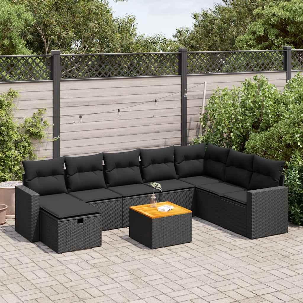 Spisebordssæt Til Haven 9 Dele Med Hynder Polyrattan Beige - Sort / med opbevaring