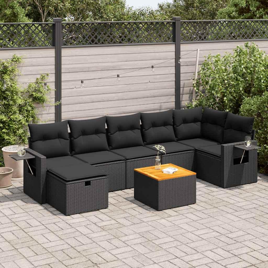 Sofasæt Til Haven 8 Dele Med Hynder Polyrattan Grå - Sort / bord 3x midterdel 3x hjørnedel fodskammel