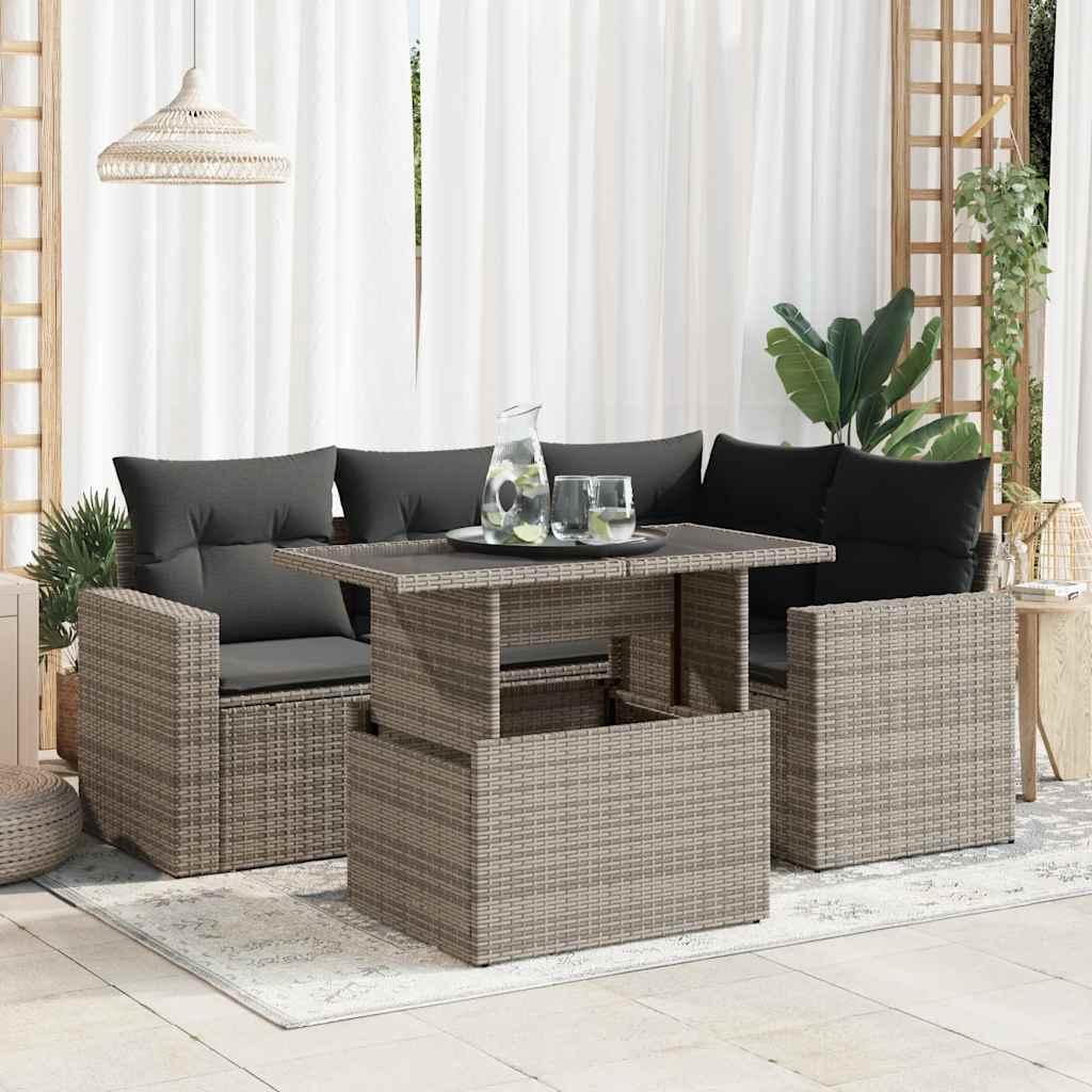 Sofasæt Til Haven 5 Dele Med Hynder Polyrattan - Grå / med opbevaring