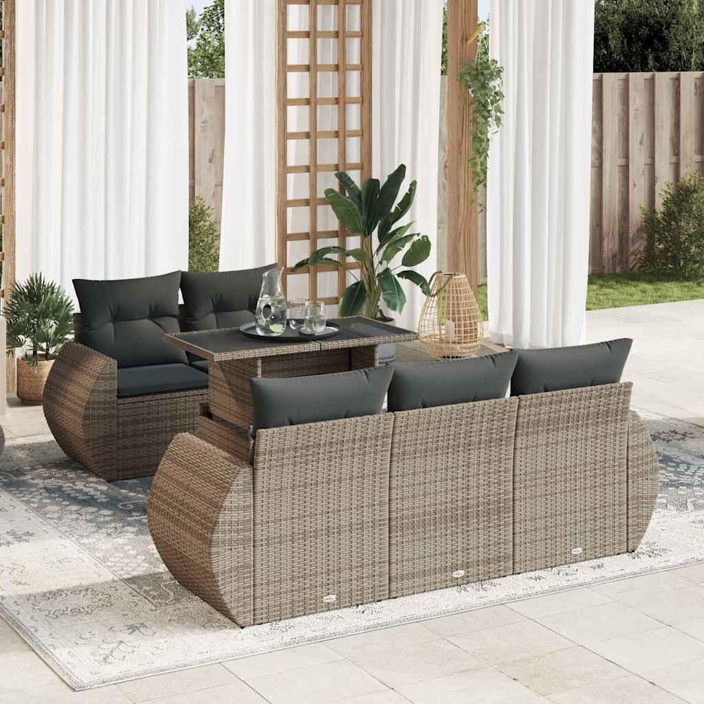 Sofasæt til haven i polyrattan - 6 dele med hynder, grå