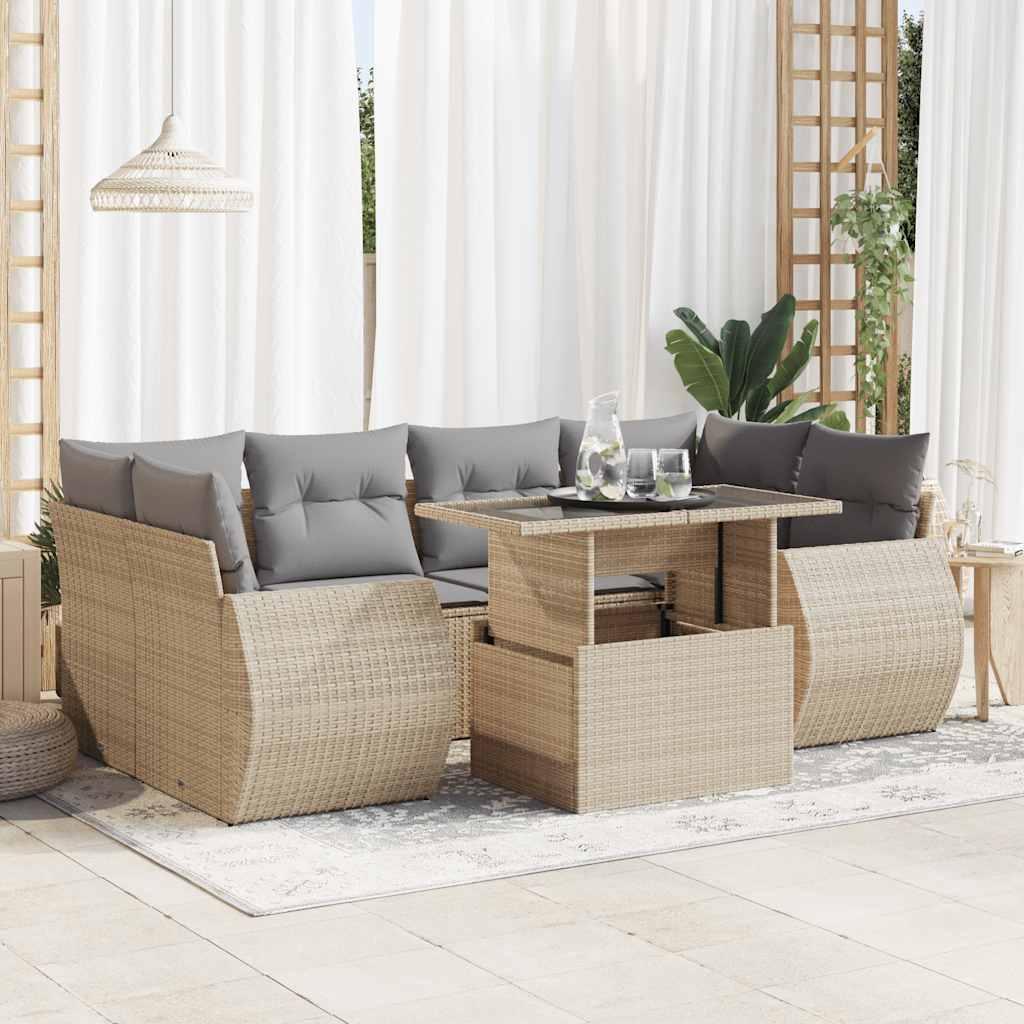 Sofasæt til haven i polyrattan - 7 dele med hynder, beige