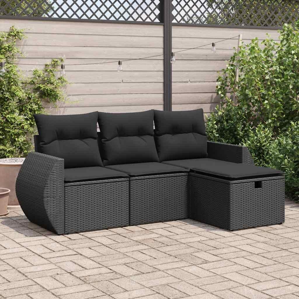 Sofasæt Til Haven 4 Dele Med Hynder Polyrattan Sort - Sort / med opbevaring