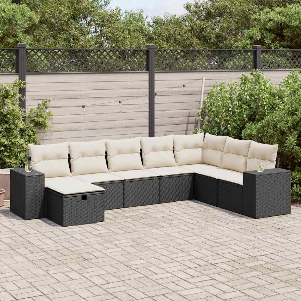 Sofasæt til haven i polyrattan - 8 dele med hynder, sort/creme
