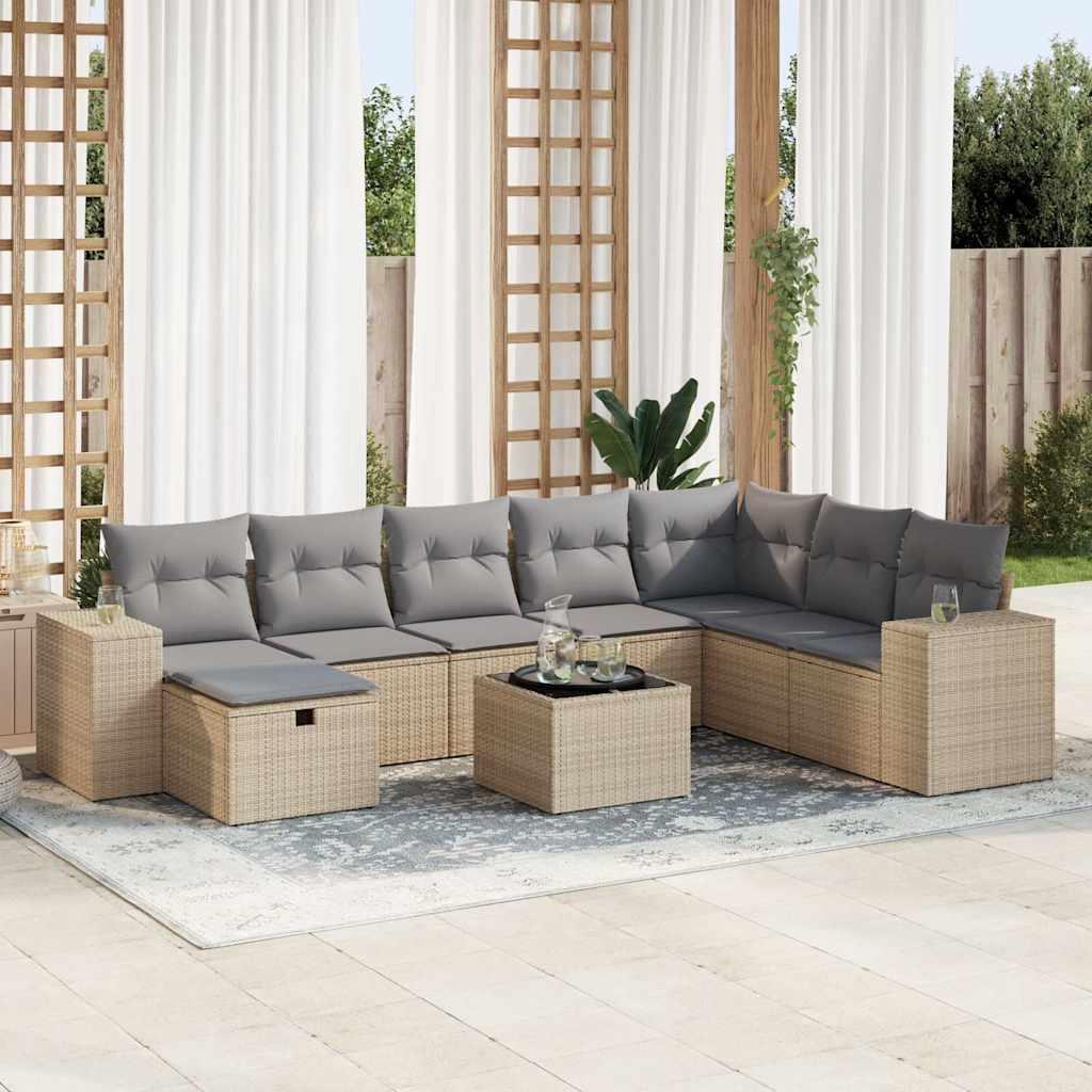 Sofasæt til haven 9 dele med hynder i polyrattan - beige/lysegrå