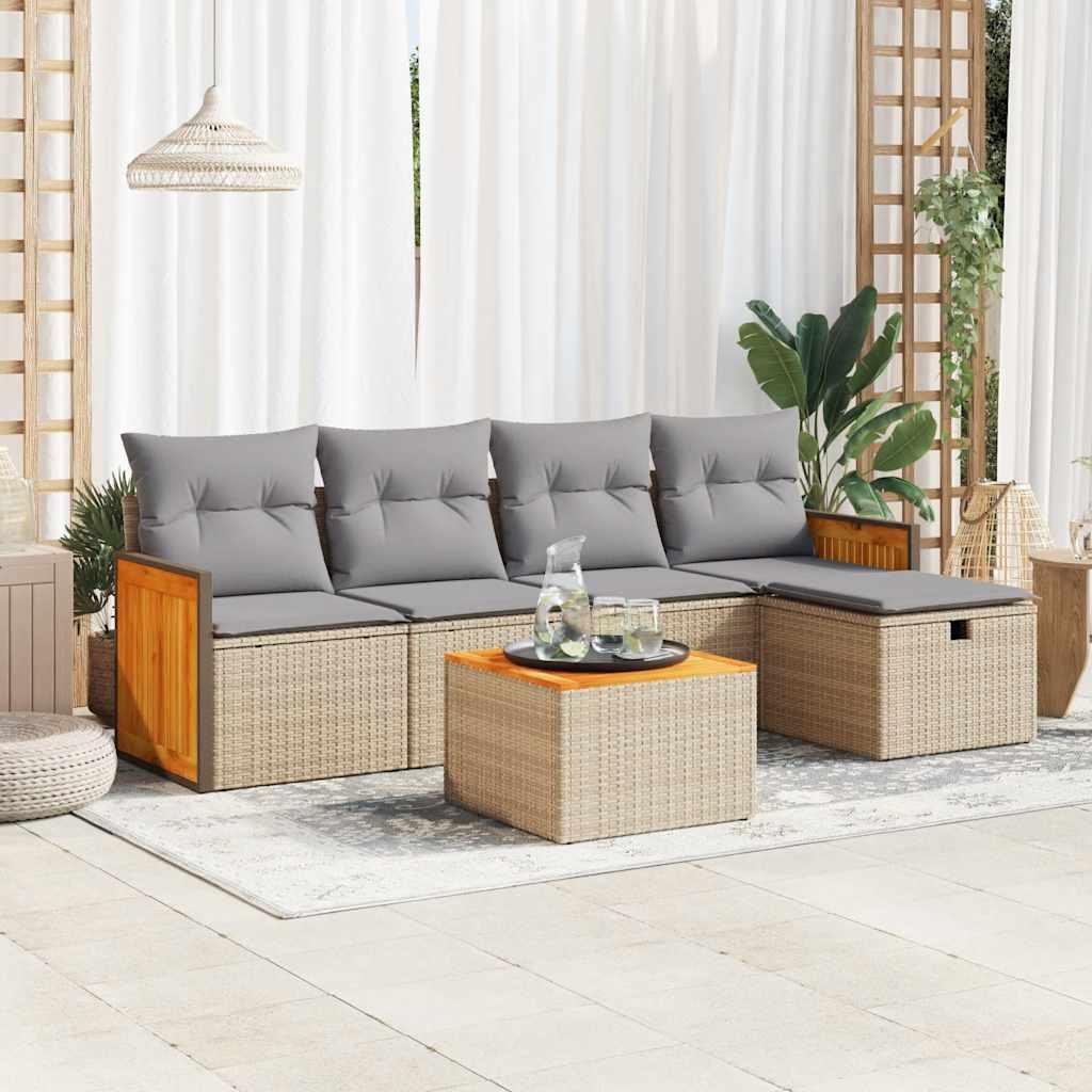 Havesofasæt i polyrattan 6 dele med hynder og opbevaring - beige