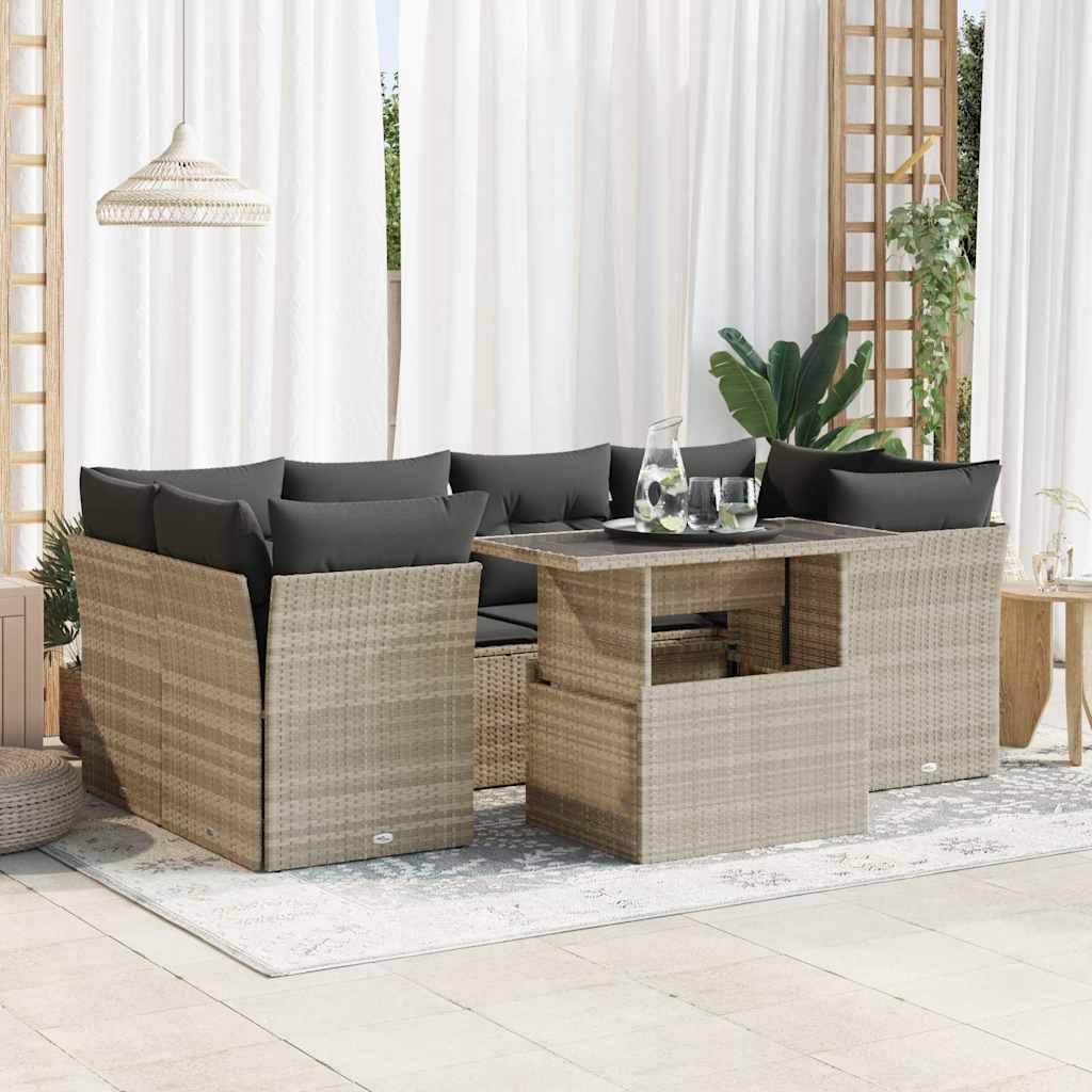 Sofasæt Til Haven 7 Dele Med Hynder Polyrattan Sort - Lysegrå