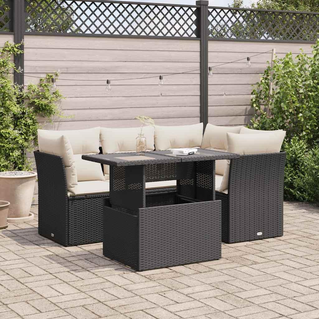 Sofasæt Til Haven 5 Dele Med Hynder Polyrattan - Sort og cremefarvet / med opbevaring