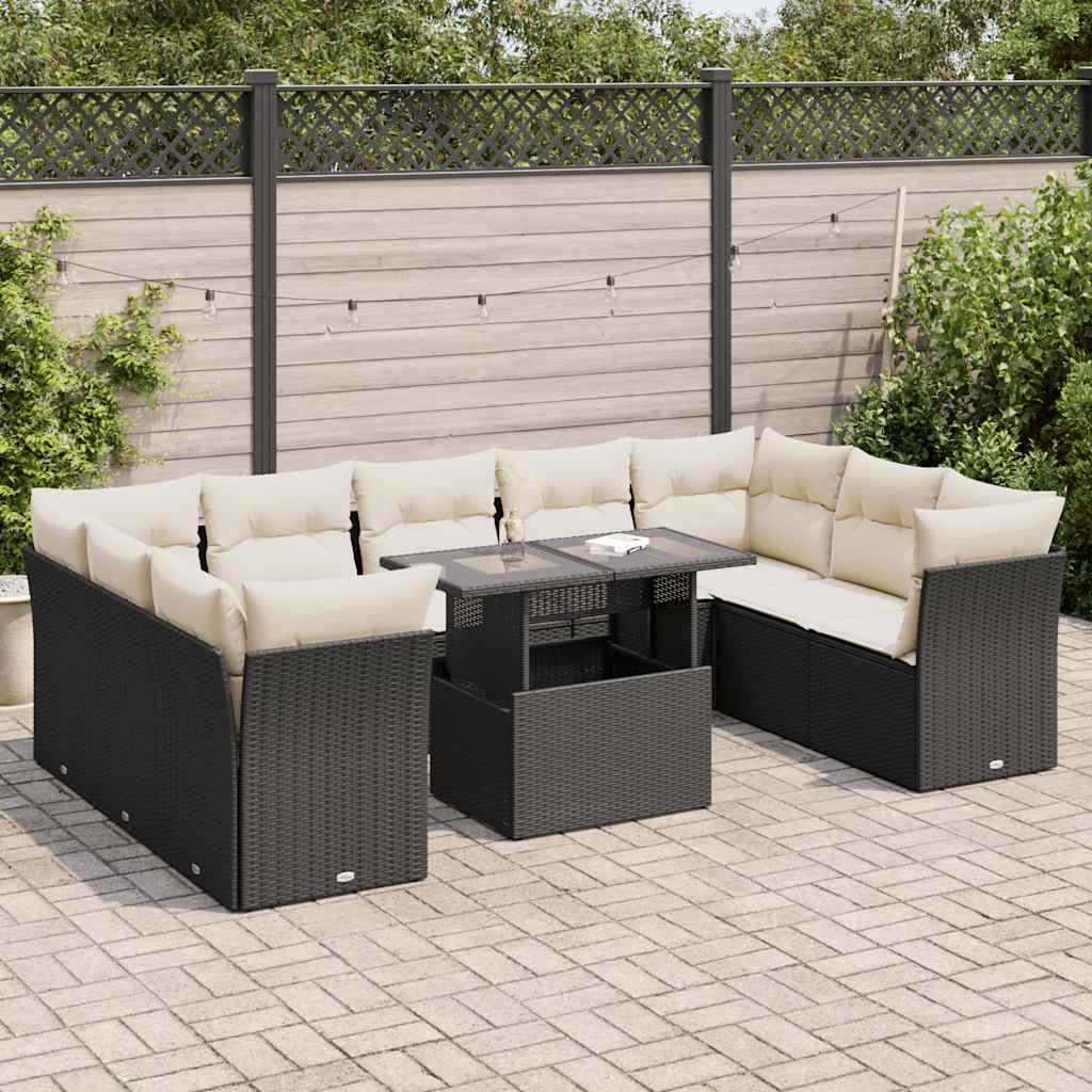 Sofasæt Til Haven 10 Dele Med Hynder Polyrattan Sort - Sort og cremefarvet / med opbevaring