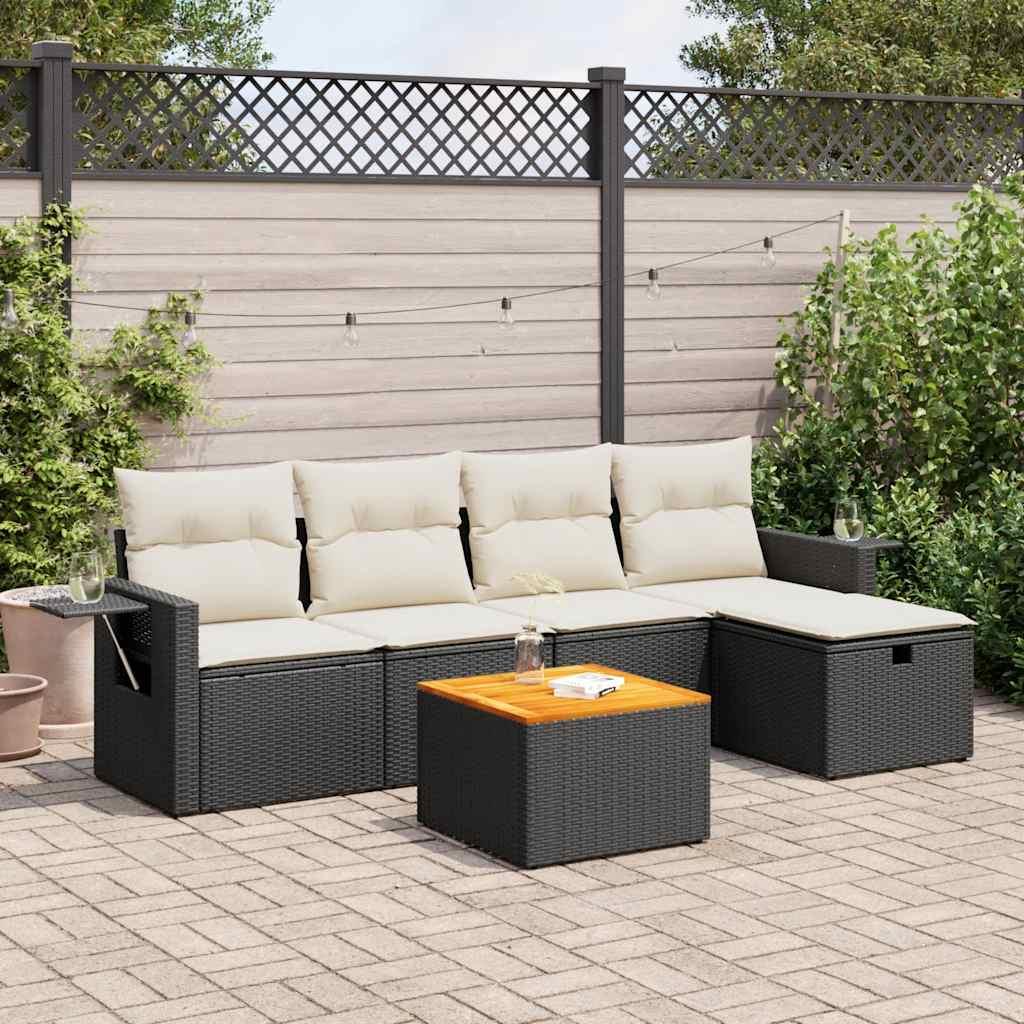 Havesofasæt 6 Dele Med Hynder Polyrattan Beige - Sort og cremefarvet / med opbevaring