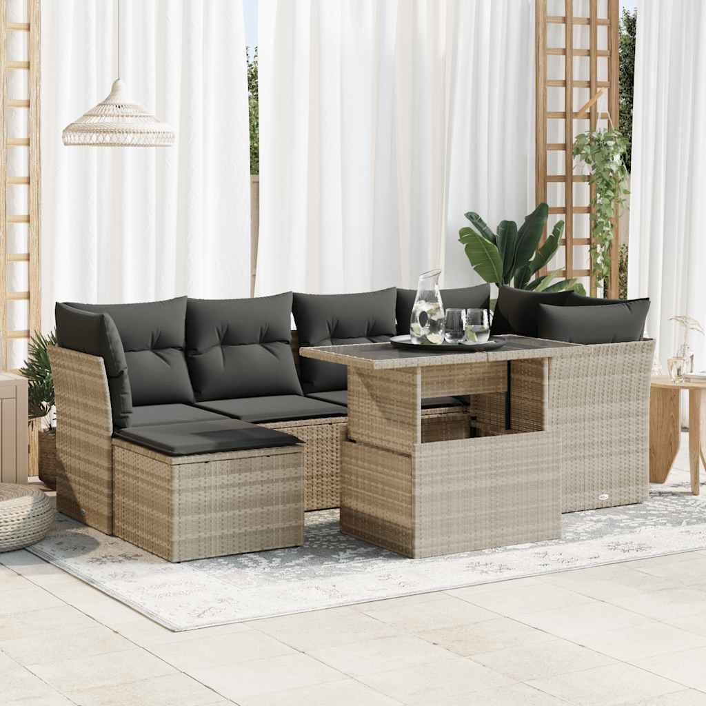 Sofasæt Til Haven 7 Dele Med Hynder Polyrattan Sort - Lysegrå