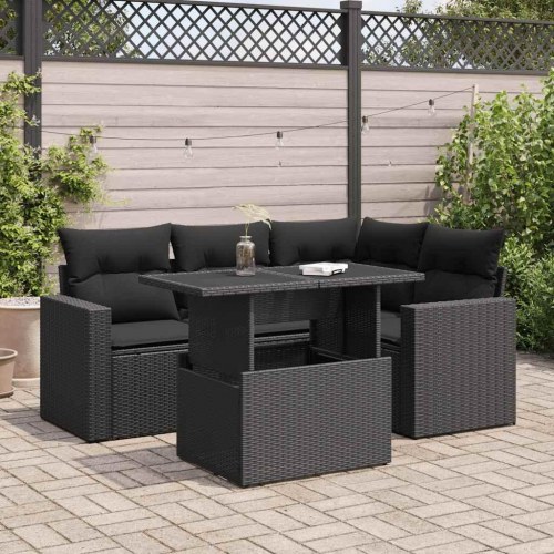 Sofasæt til haven i polyrattan - 5 dele med hynder, sort