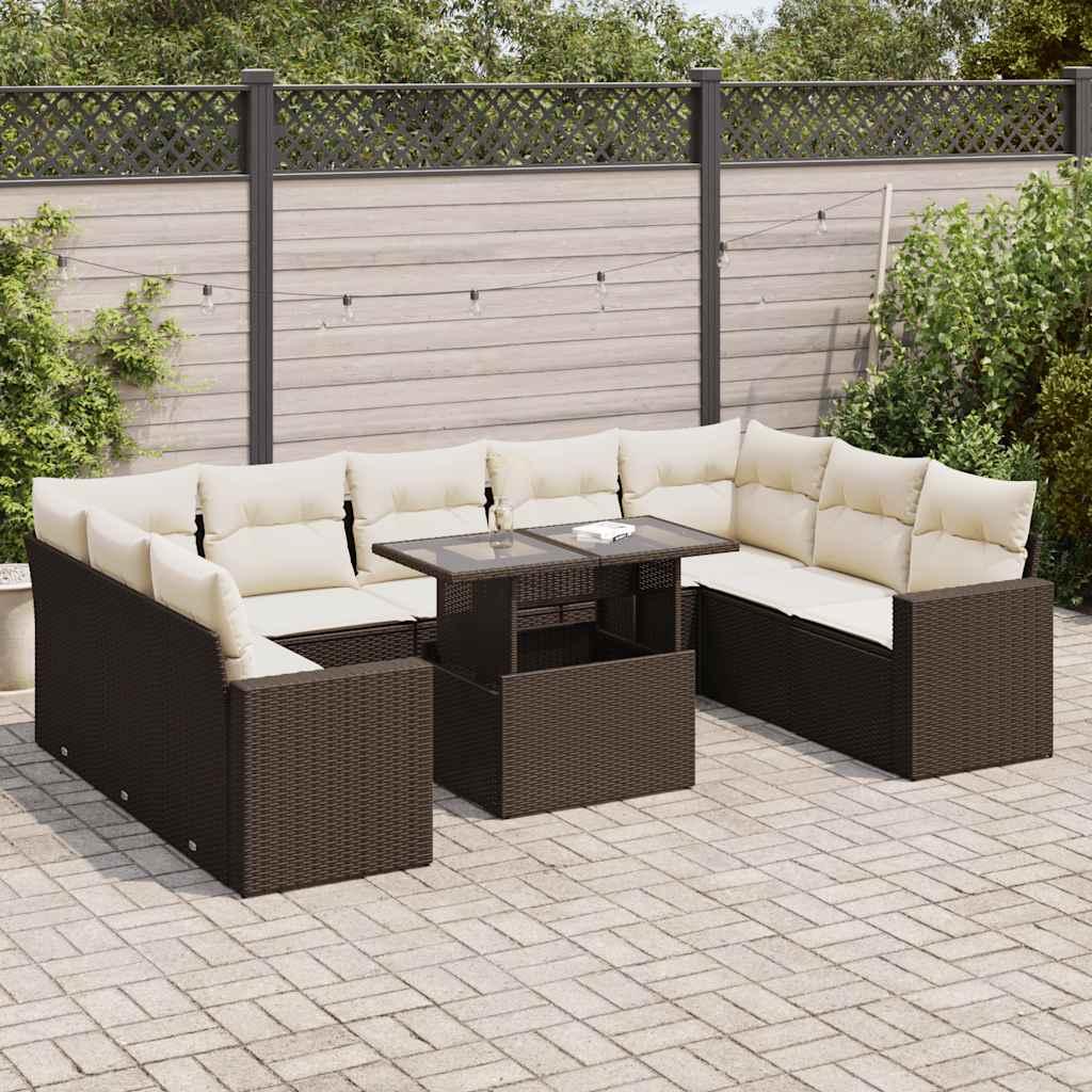 Sofasæt til haven i polyrattan - 10 dele med hynder, brun