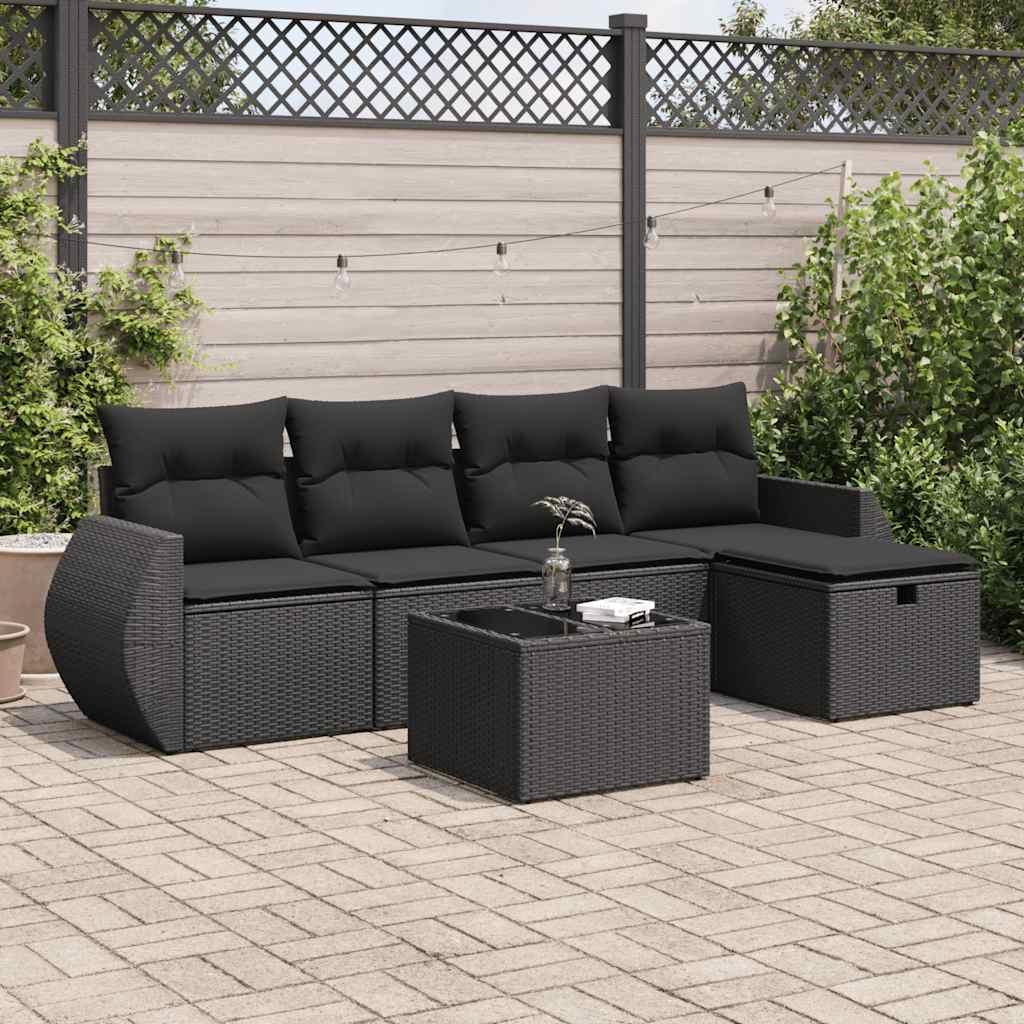 Havesofasæt i polyrattan - 6 dele med hynder, sort