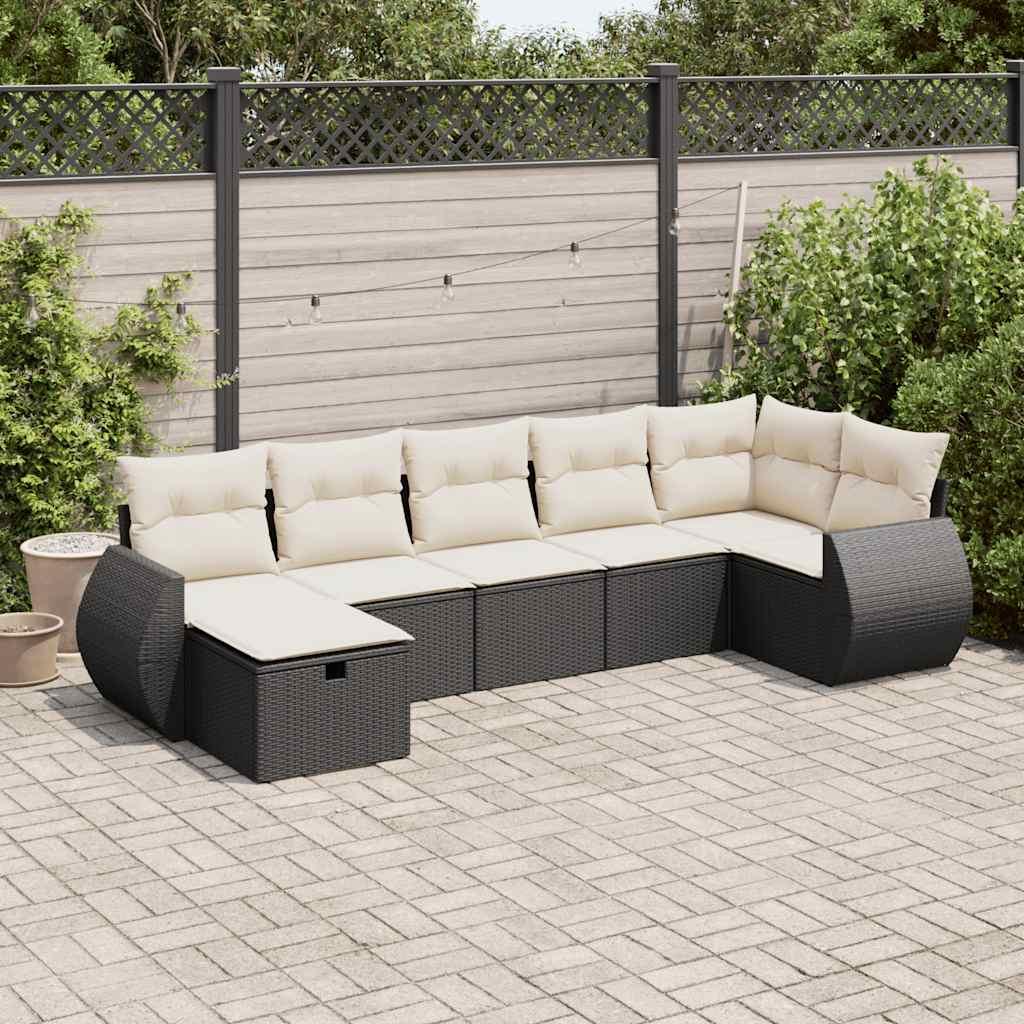 Sofasæt til haven i polyrattan - 7 dele med hynder, sort