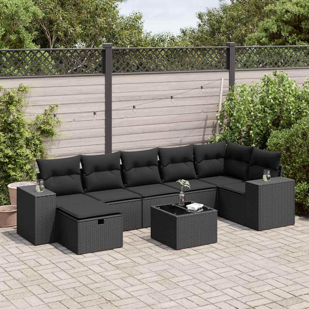 Sofasæt til haven - 8 dele i sort polyrattan med hynder og opbevaring