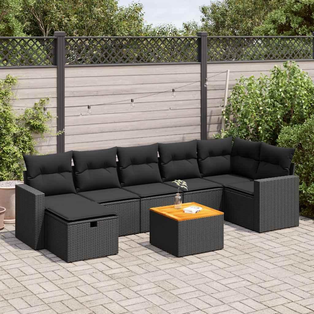 Sofasæt Til Haven 8 Dele Med Hynder Polyrattan Sort - Sort / bord 3x midterdel 3x hjørnedel fodskammel