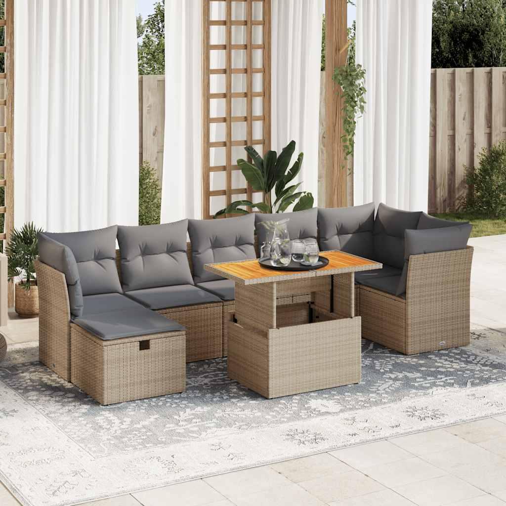 Sofasæt til haven 8 dele med hynder i polyrattan og akacietræ - beige
