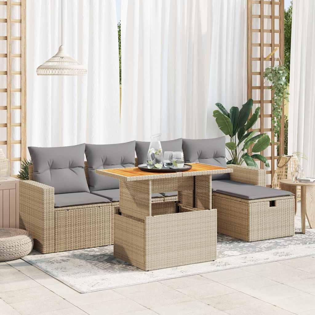 vidaXL sofasæt til haven 6 dele med hynder polyrattan akacietræ beige