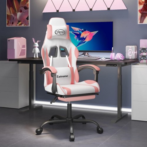 Gamingstol med fodstøtte - hvid og pink