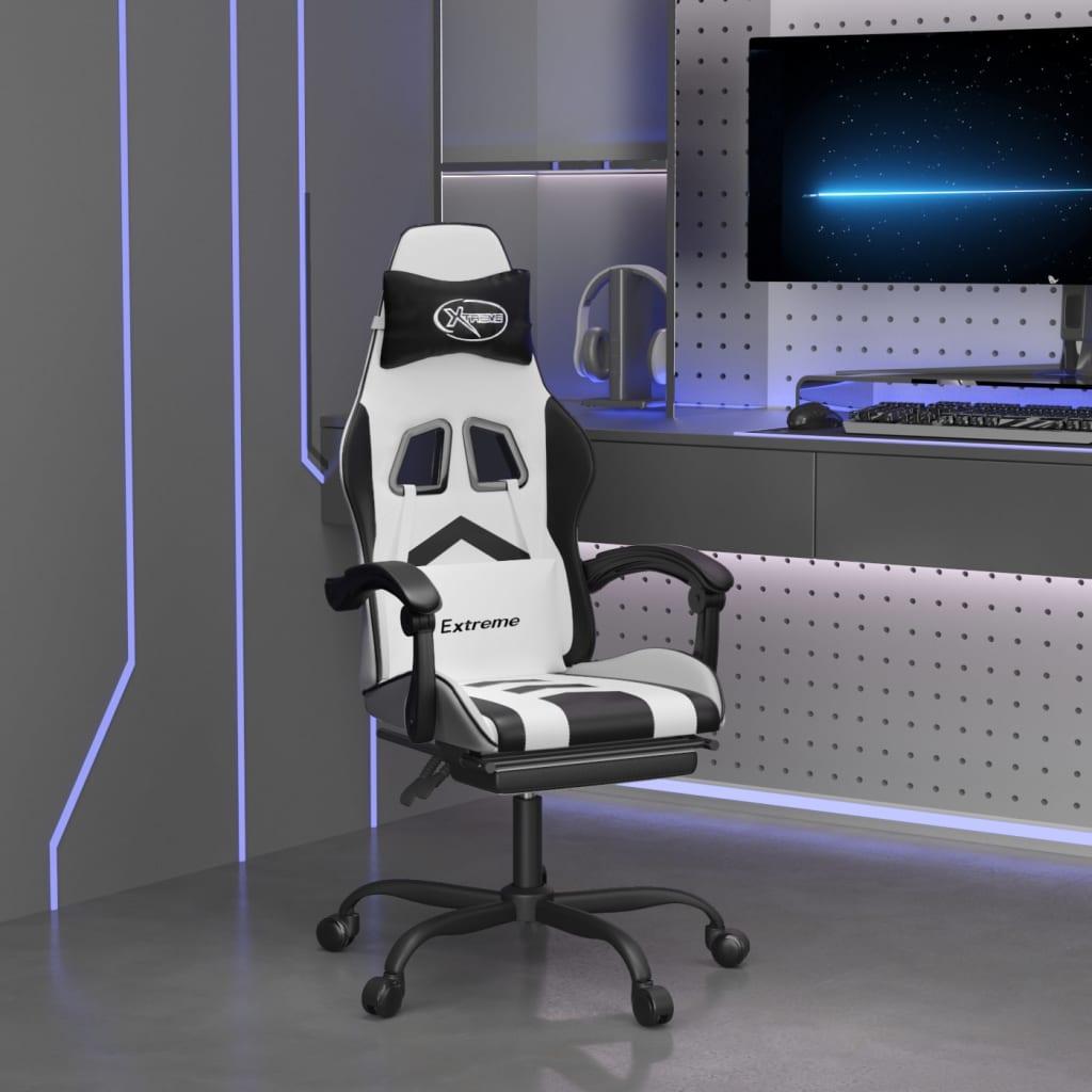 Drejelig gamingstol med fodstøtte kunstlæder hvid sort
