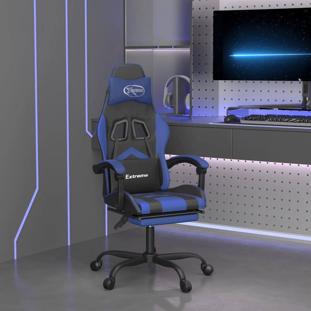Drejelig gamingstol med fodstøtte kunstlæder sort og blå