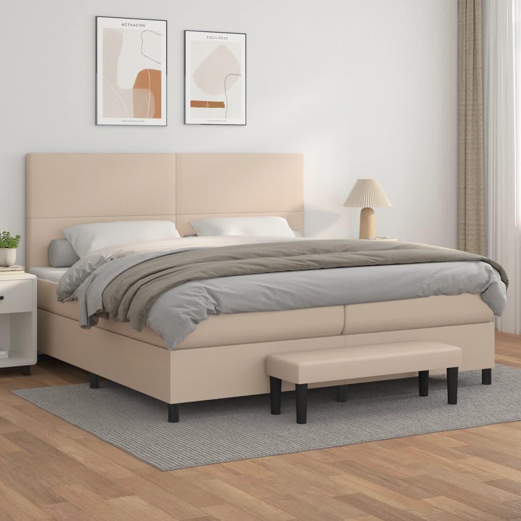 Kontinentalseng 200 x 200 cm i kunstlæder med madras og bænk - cappuccinofarvet