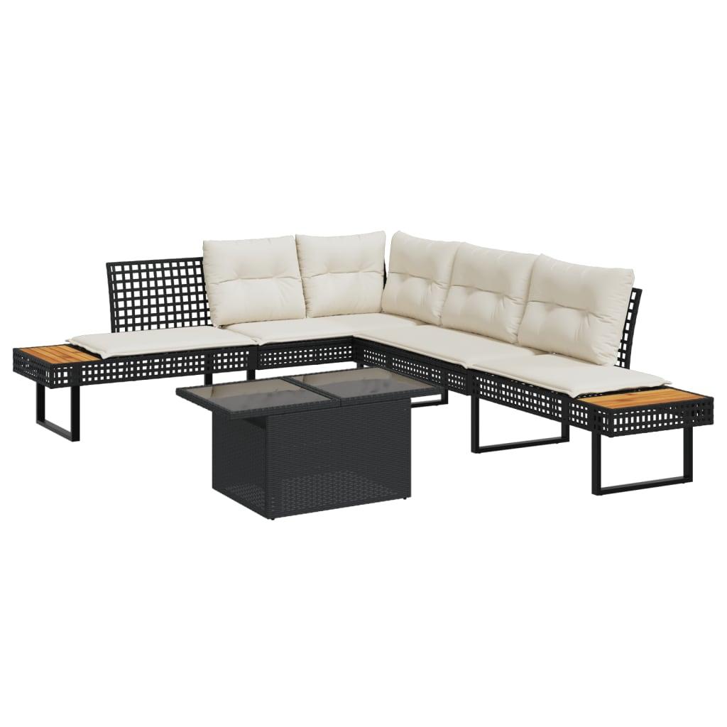 Sofasæt til haven i polyrattan med hæve-/sænkebord - sort, 2 dele, inkl. cremefarvede hynder