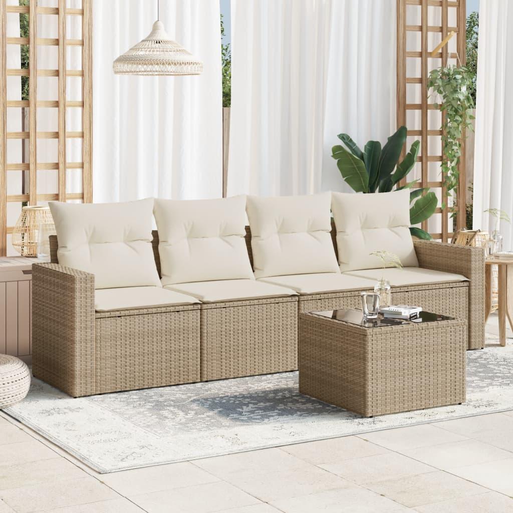 Sofasæt til haven 5 dele med hynder og opbevaring i polyrattan - beige