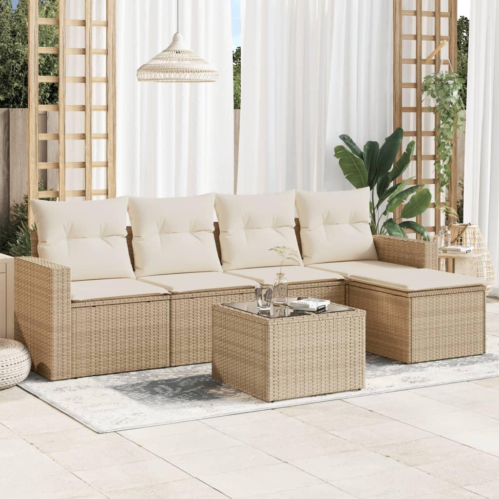 Sofasæt til haven 6 dele med hynder og opbevaring i polyrattan - beige