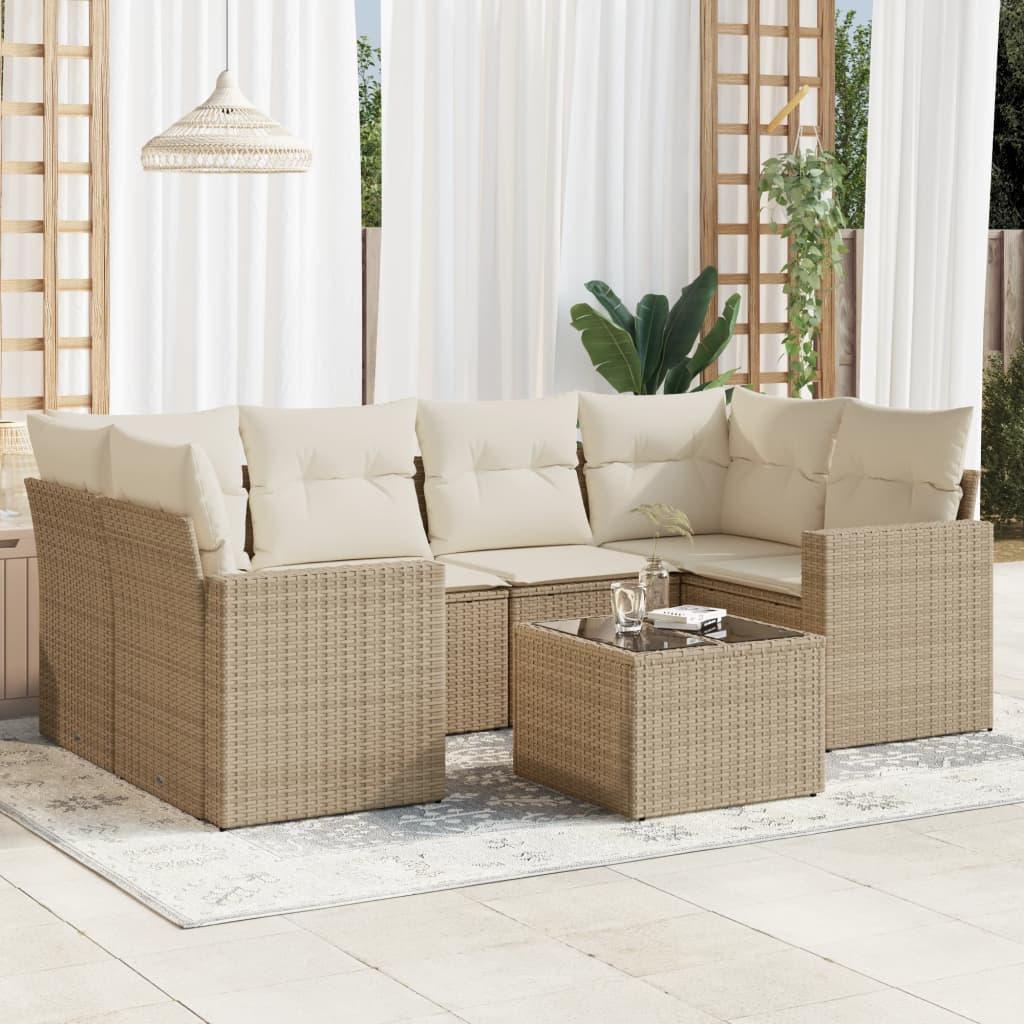 Sofasæt til haven 7 dele med hynder og opbevaring i polyrattan beige