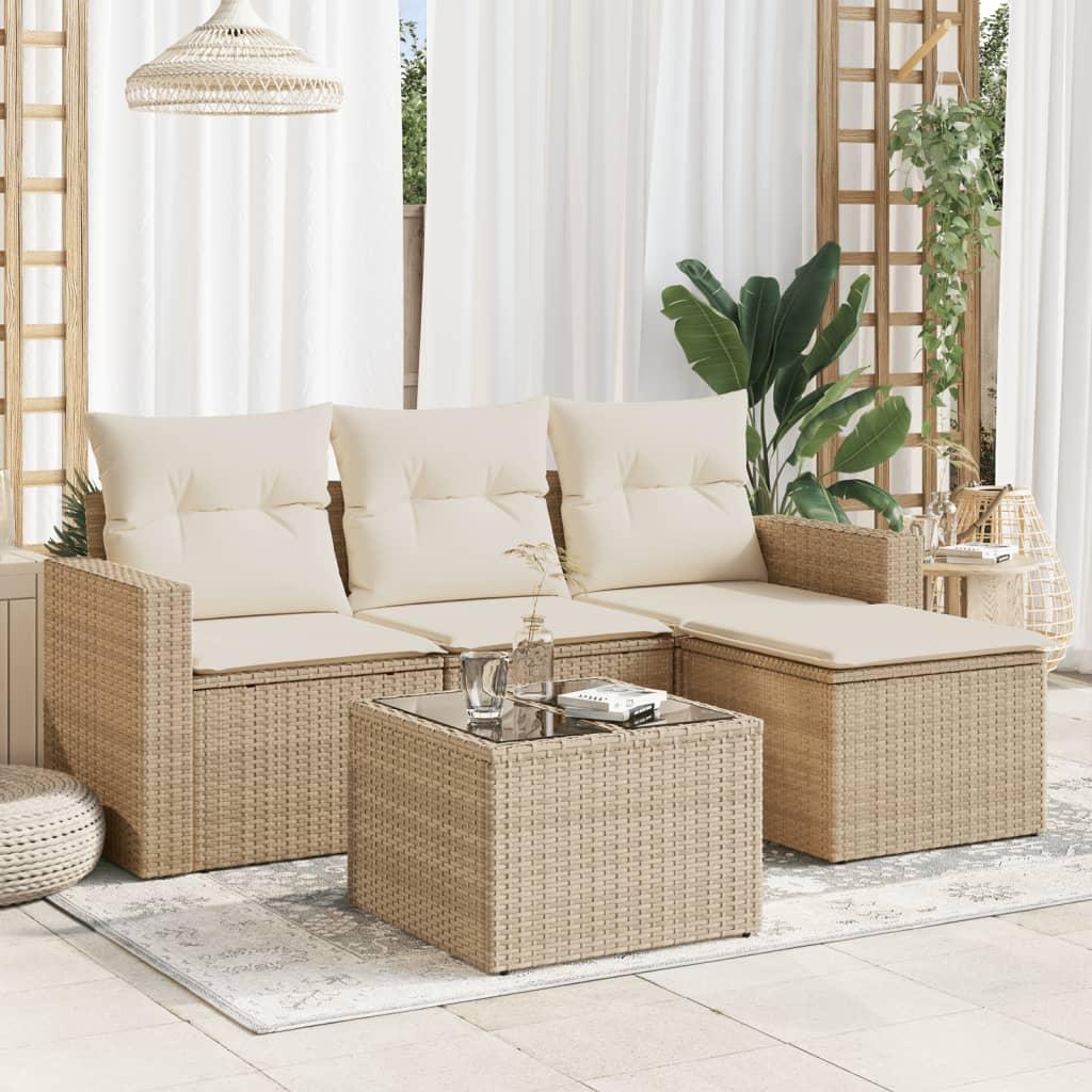 Sofasæt til haven 5 dele med hynder og opbevaring i polyrattan - beige