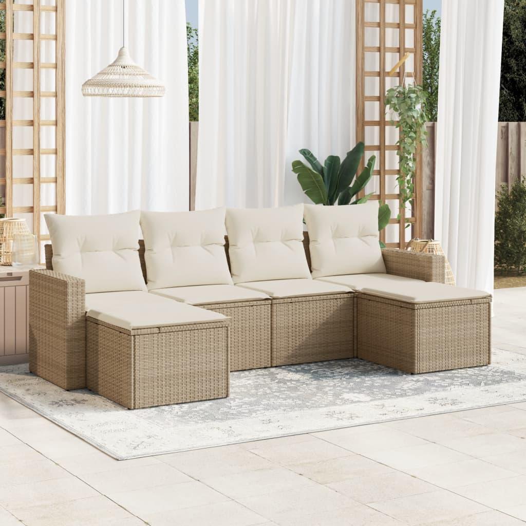 Sofasæt til haven 6 dele med hynder og opbevaring i polyrattan - beige