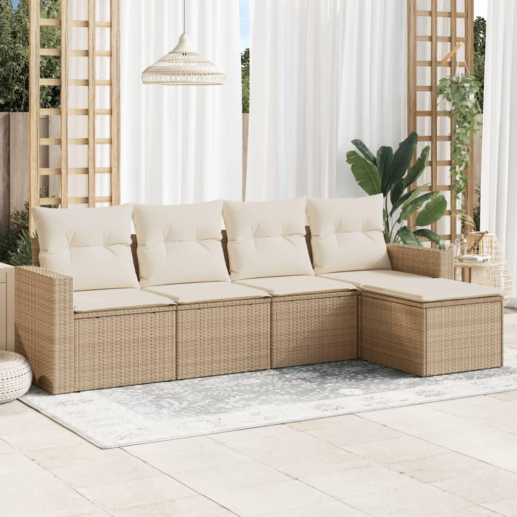 Havesofasæt 5 dele med hynder og opbevaring i polyrattan - beige