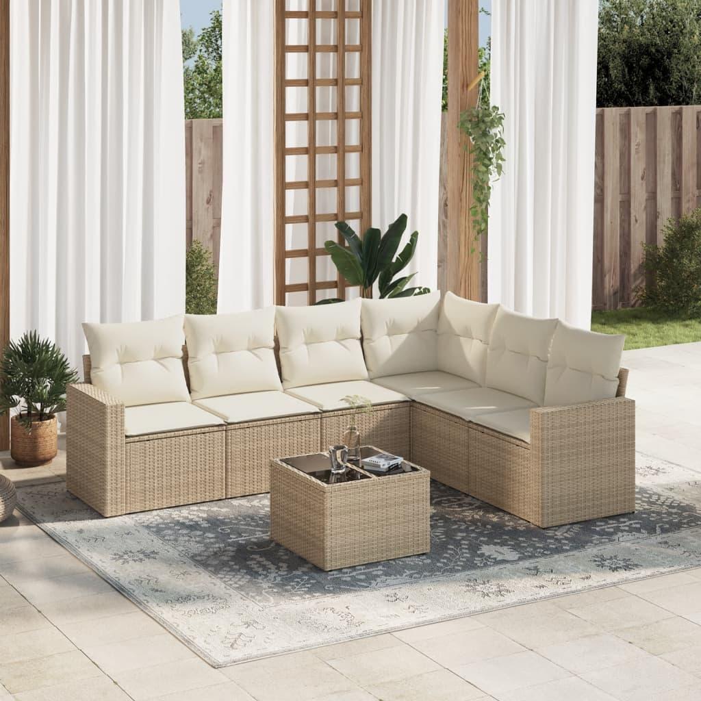 Havesofasæt 7 dele med hynder og opbevaring i polyrattan - beige